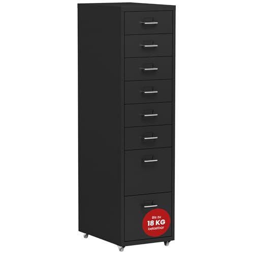 [en.casa] Rollcontainer Kökar Schubladenschrank Metall Aktenschrank mit 8 Schubladen Bürowagen mit Rollen für Arbeitszimmer 109 x 28 x 41 cm Schwarz