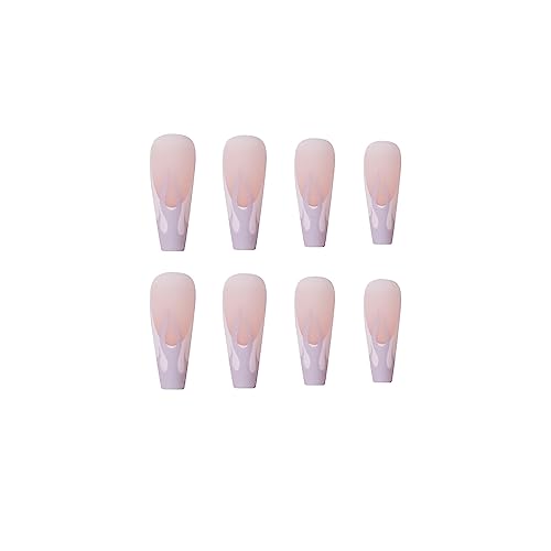 Uñas postizas presionadas French Tip largas con diseños grises, uñas falsas con pegamento, uñas acrílicas blancas en forma de ataúd, uñas neutras nude, puntas de llama, accesorios de manicura para mujeres y niñas, 24 piezas miniatura 3