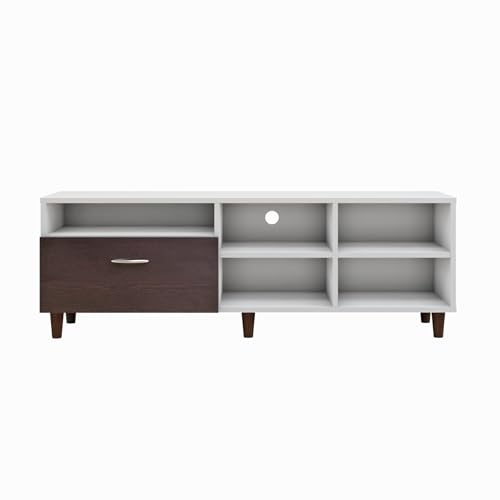 Image of VIKI Modern TV Unit for Living Room | Engineered Wood TV Cabinet with 1 Drawer Storage & 3 Open Shelves, Entertainment Unit, 140W x 48H x 40D cm | DIY | 1 Year Warranty (White & Wenge)