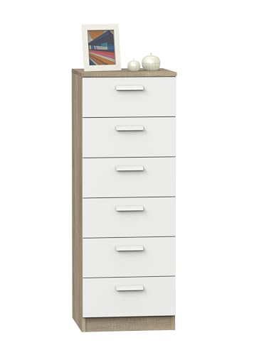MUEBLES PITARCH | Sinfonier Cómoda 6 Cajones guías metálicas, Cajonera Dormitorios, Blanco y Roble Cambrian, 110x40x40cm (Alto x Ancho x...