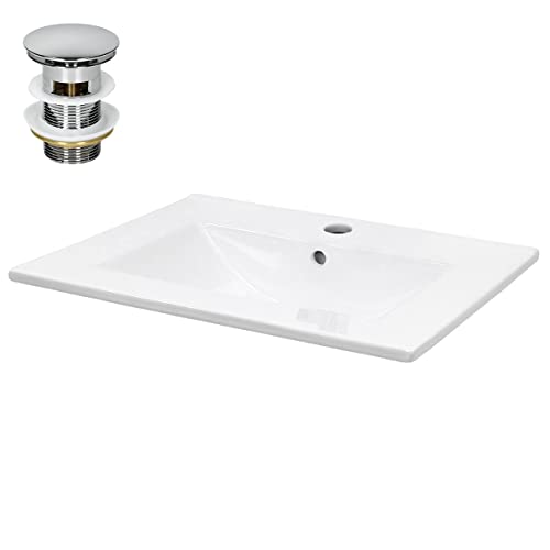 ECD Germany Lavabo da Incasso 610 x 465 x 175 mm in Ceramica Bianca incl. Set di Scarico con Troppopieno Lavandino Rettangolare Lavamano per Bagno con Piletta Tappo per Scarico