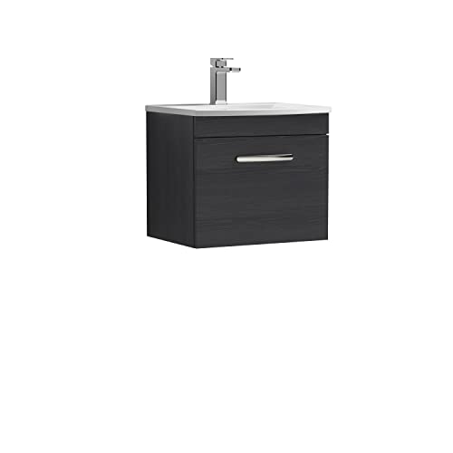 Image of nuie ATH012G Athena Modern Bathroom Wall Hung 1 Soft Close Drawer Vanity Unit with Curved Ceramic Basin with 30mm Profile, 500mm, Woodgrain Charcoal Black