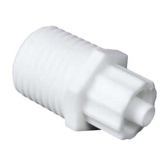 Luer to Threaded Fitting, Straight Adapter, White Nylon, Male Luer Integral Lock Ring 9/16 (in) Hex x 1/4-18 NPT(M) Thread: 25/Pk
