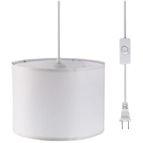 KUAUGST Plug in Pendant Light, 15 FT Hanging Lamp with Plug in Cord, On/Off Switch, Pendant Lighting with Fabric Shade, Hanging Light Fixture for Living Room, Bedroom, Dining Room, Kitchen (White) Cover