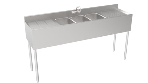 Krowne 18-63C Silver Series Three Compartment Sink with Left and Right Drainboards, 72" W x 18.5" D, (3) 10"D x 14"W x 10"H Bowl Size, (3) 1-1/2" drains