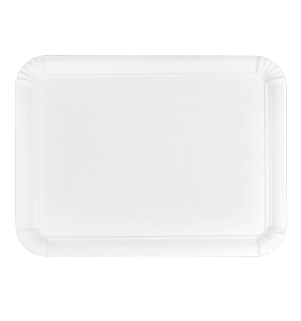 100 Bandeja de Cartón Blanca 25×34 cm | Rectangular Compacta | Resistente al Aceite y Calor | Ideal para Degustaciones y Catering | Pack de 100 Unidades
