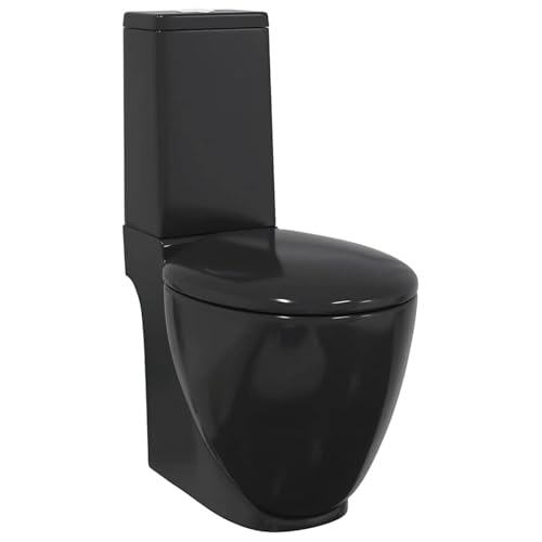 Rantry Inodoro moderno con doble desagüe de ahorro hídrico, negro, 38,5 x 65 x 84,5 cm, diseño elegante, cierre amortiguado, fácil de instalar, cerámica de alta calidad