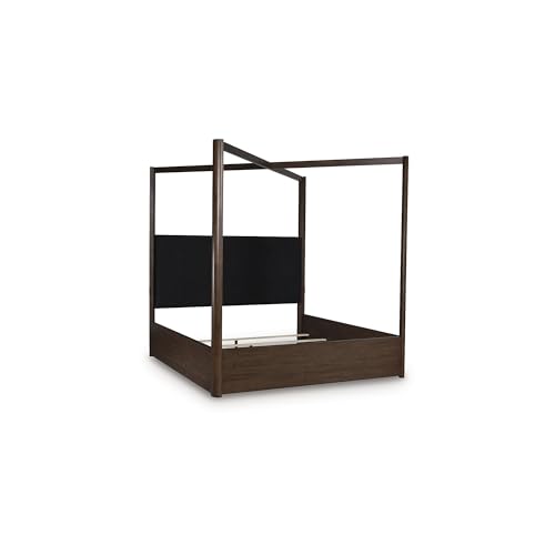 Image of Signature Design by Ashley Kendamor Modern Canopy Bed with Upholstered Headboard and Nailhead Accents, Foundation or Box Spring Needed, Queen, Dark Brown