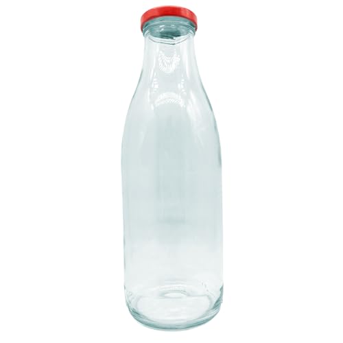 Tradineur - Botella de vidrio multiusos, bote, frasco facetado con tapa de rosca, guardar agua, leche, zumo, bebidas (9 x 25,5 cm, 1 L)