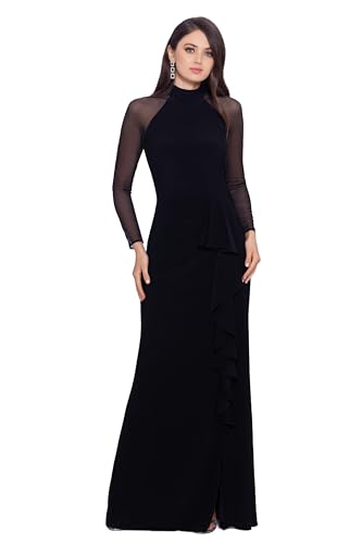 Image of Betsy & Adam Women's Jersey Knit Illusion Mock Neck Long Sleeve Ruffle Slit Floor Length Dress