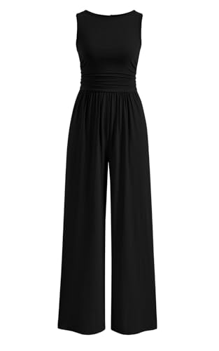 PRETTYGARDEN One Piece Jumpsuits for Women Dressy Casual Sleeveless Crewneck Wide Leg Rompers Jumpers 2025 Vacation Summer Outfits(Black, M)