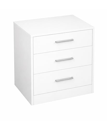 CAMBIA TUS MUEBLES CTM® Mesita Noche Elara 45x40x57 cm – 3 Cajones con Guías Metálicas, Diseño Moderno en MDF Lacado con Tiradores Cromados, Ideal para Dormitorio, Color Blanco