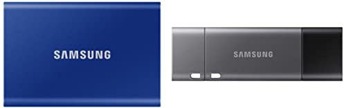 Image of Samsung T7 1TB Up to 1,050MB /s USB 3.2 Gen 2 (10Gbps, Type-C) External Solid State Drive (Portable SSD) Blue (MU-PC1T0H) & Duo Plus 64GB Type-C 300MB /s USB 3.1 Flash Drive (MUF-64DB)