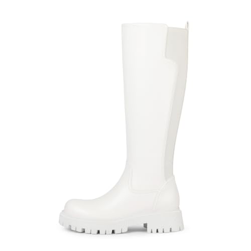 Image of TEAIEU Knee High Boots for Women, Platform Chunky Block Low Heel Tall Boots, Round Toe Side Zipper Fall Long Boots for Dress, Stretch Calf, Comfortable