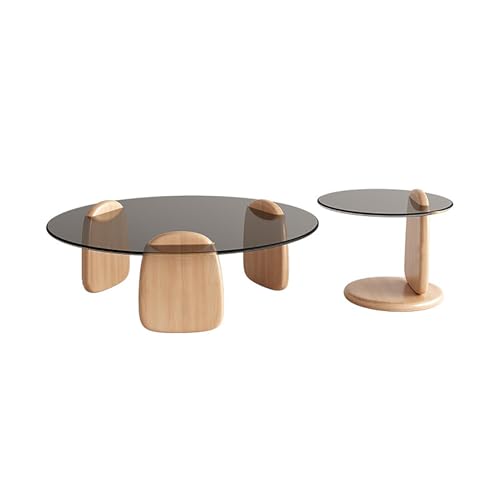 Juego de mesa de centro de cristal con base de madera, diseño minimalista de anidación para un fácil montaje y limpieza, perfecto para sala de estar moderna