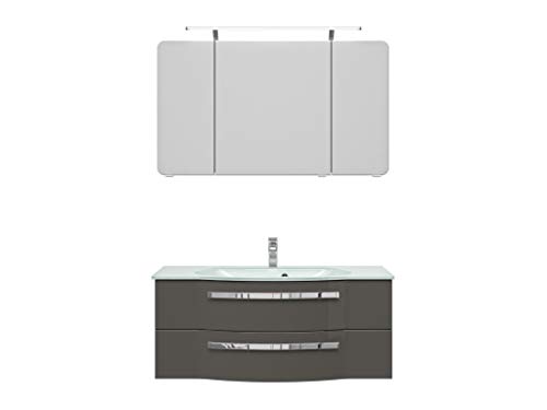 Pelipal FOKUS 4005 Bad Möbel Set (3 teilig) / steingrau Hochglanz, Spiegelschrank, Glaswaschtisch, Unterschrank, LED Beleuchtung
