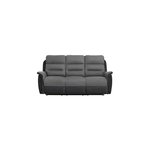 LOUNGITUDE - Canapé de Relaxation Manuel 3 Places en Simili et Microfibre - Noir/Gris