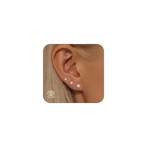 3 Pairs 14k Gold Studs Earrings for Women Hypoallergenic Cubic Zirconia gold stud earrings with 925 Sterling Silver Post Jewelry Gift for Women (3mm+4mm+5mm)