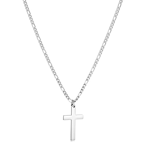 Captainsteel Cross Necklace For Men-Figaro Chain Stainless Steel/18K Gold Plated Plain Polishd Cross Pendant Necklace Simple Faith Jewelry Gift For Men Women 18-24 Inches #TOP8