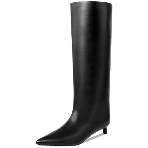 Kitten Heel Knee High Boots for Women, 1.5-in Stiletto Low Heel Long Boots Women Knee High, Womens Pull on Pointed Toe Tall Boots, Below the Knee Boots Faux Leather