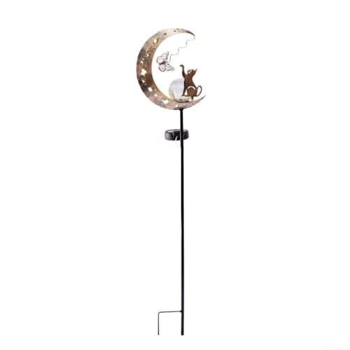 Yhenlovtt Lampe solaire de jardin en forme de chat et lune avec allumage automatique intelligent, décoration extérieure en métal fabriquée à la main pour allées, parterres de fleurs et patios