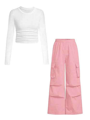 Azmxynol Tween Little Girls Clothes Rib Knit Ruched Long Sleeve T-Shirt Top + Cargo Jogger Pants 2 Pieces Outfit Set Fall Winter Casual Clothing(6-7T)