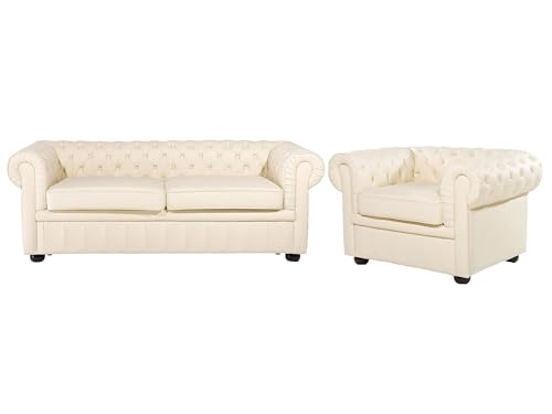Beliani Klassisches Sofa mit Sessel englischer Stil Echtleder Hellbeige Chesterfield Beliani Klassisches Sofa mit Sessel englischer Stil Echtleder Hellbeige Chesterfield