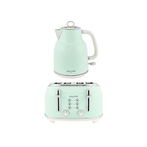Salter Retro Kettle & 4-Slice Toaster Set - Wide Slots 3KW Rapid Boil 6 Browning Levels 360 Base Removable Limescale Filter Defrost Reheat & Cancel High-Lift Eject Removable Crumb Tray Green