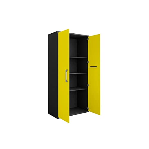 Image of Manhattan Comfort Eiffel 73.43 inch Tall Garage Cabinet with 4 Adjustable Shelves, Soft Close Doors and Stainless Steel Legs, Wooden Storage for Kitchen Pantry, Office, Laundry and Shop, Yellow Gloss