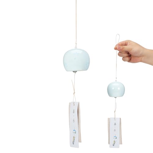 Hemobllo Japanisches Windspiel aus Keramik, Handbemalte Kirschblüten Windglocke für Fenster & Garten, Traditionelles Furin Deko-Geschenk, Hellblau