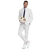 Aowdoy White Linen Men's Suit 2 Piece Slim Fit Summer Beach Wedding Dress Tux Prom Suit Blazer Jacket and Pants XL