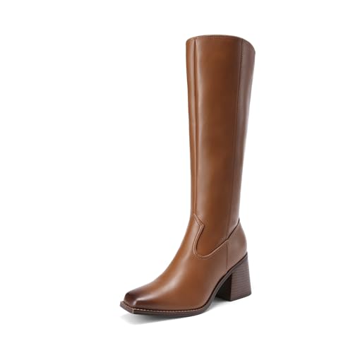 DREAM PAIRS DREAM PAIRS Women's Knee High Boots Chunky Heel Square Toe Tall Boot for Women with Side Zipper,Size 9,Brown,DWUMKB2509