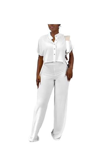 Women's Single Breasted Stand Collar Short Sleeve Shirt And Full Length Wide Leg Pants Suit
