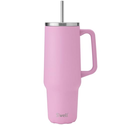 S'well Recycled Stainless Steel Tumbler XL with Straw and Handle, 40oz, Hydrangea Pink, Triple Layered Vacuum Insulated Containers Keeps Drinks Cold for 50 hours and Hot for 10