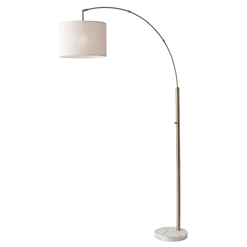 Adesso Arc Floor Lamp with Marble Base and Off-White Linen Lampshade – Adjustable Overhead Bedroom, Home Office Lighting, or Living Room Decor, 73.5” x 48”