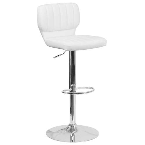 Flash Furniture Jeremy Contemporary White Vinyl Adjustable Height Barstool with Vertical Stitch Back and Chrome Base