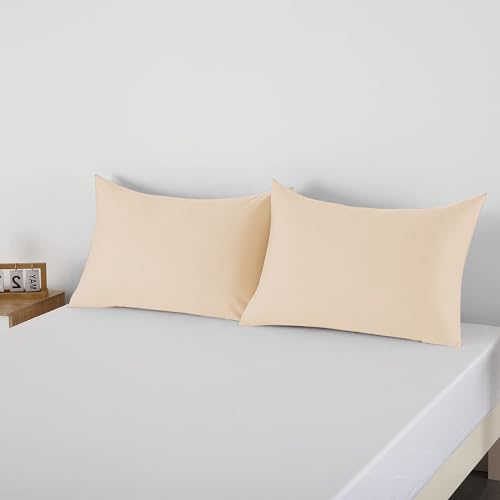 Image of 100% Egyptian Cotton Pillow Protectors Set of 4, 600 Thread Count Queen Size Bed Pillow Cases with Zipper, Sateen Weave Cooling Pillow Cases Quiet and Breathable Easy Care (4PCS, Beige)