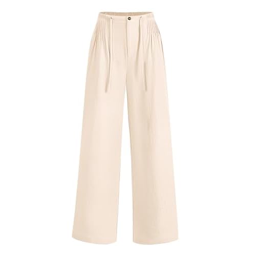 LOMON Womens Linen Pants Summer Wide Leg Cotton Pants Drawstring Elastic Waist Casual Loose Slacks Work Trousers with Pockets