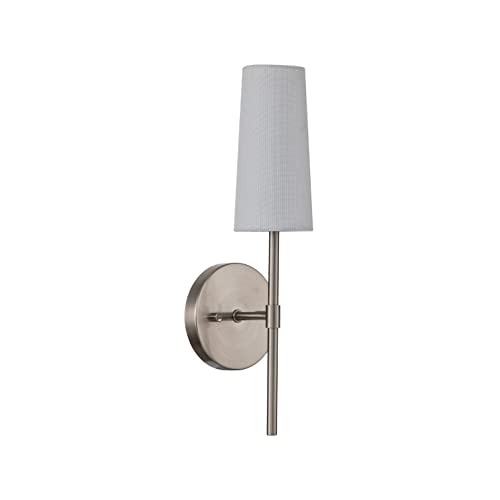 Image of Aspen Creative 62719-09-1, 1 Light Indoor Wall Fixture, 4-3 /4 inch W x 14-5 /8 inch H x 5-1 /8 inch E, Satin Nickel Finish w /White Fabric Shade, Bulb Not Included