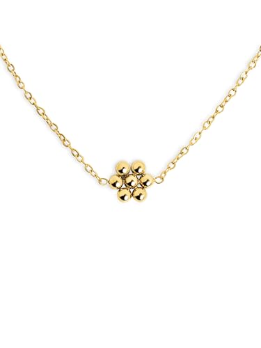 SINGULARU   Collar Tiny Daisy. Acero con Acabado en Baño de Oro de 18Kt. Cadena con Bolitas. Joyas para Mujer