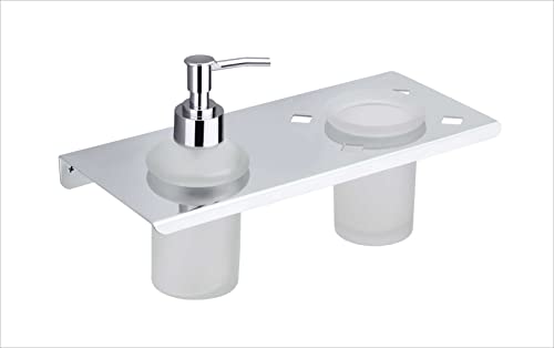 Image of Stainless Steel Toothbrush Holder with Glass Tumbler & Liquid Soap Dispenser Set - Wall Mounted 2-in-1 Bathroom Organizer, Chrome Finish (Square /Frosted Glass) (E 3512)