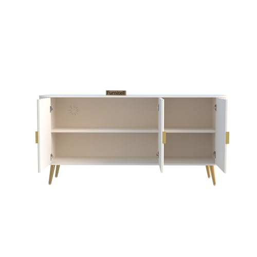 Image of Wooden Sideboard Cabinet for Living Room Storage | Modern Wooden Storage Cabinet with 3 Doors & Shelves | Buffet Console Cabinet for Dining Room, Bedroom & Hallway | Warm White | 150 cm