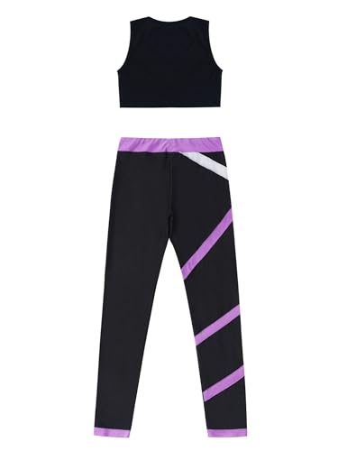 easyforever Kid Girls Crop Tops Racerback Tank Top And Gymnastics Leggings 2 Piece Dance Sports Clothes Set Black&Lavender 6 Years4