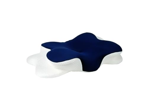 Image of SYSVENT The Future | Premium Memory Foam Neck Pillow for Orthopedic Support | Ergonomic Cervical Pillow for Tailbone, Sciatica & Lower Back Pain Relief | Breathable Cover | Navy Blue & White