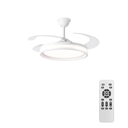 Hola Led Ventilador de Techo con Luz y Mando a Distancia, Lámpara Ventilador Silencioso 60W, Aspas Retráctiles, 3 Tonos de Luz, 6 Velocidades y Temporizador para Dormitorio y Salón