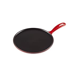 Le Creuset Enameled Cast Iron Crepe Pan with Rateau and Spatula, 10.75″, Cerise
