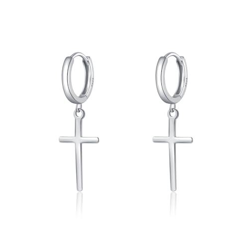 SLUYNZ 925 Sterling Silver Cross Hoop Earrings for Women Teens Cross Huggie Hoop Earrings Dangle