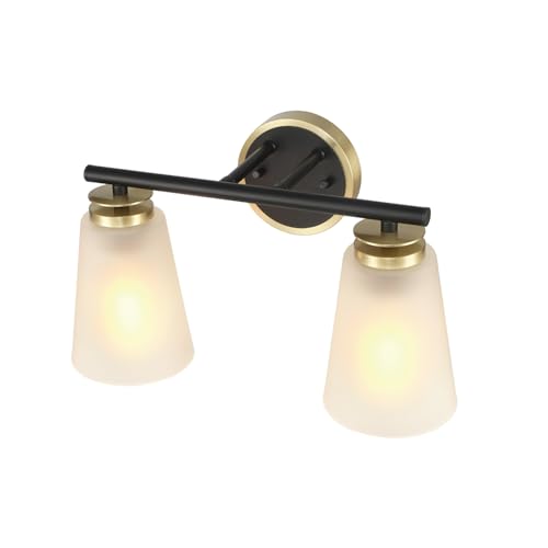 Image of Globe Electric 2-Light Vanity Light, Matte Black, Frosted Glass Shades, Matte Brass Accents