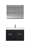 Badezimmer Badmöbel Set Paso 02 80 cm Waschbecken Hochglanz Schwarz Fronten - Unterschrank Schrank Waschbecken Spiegelschrank Schrank