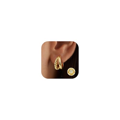 Adramata Pendientes Aro Grueso Pendiente Plata de Ley 925 Pendiente Aro Chapados en Oro 14K Antialergicos Pendientes Mujer Plata Dorados Regalo para Mujer